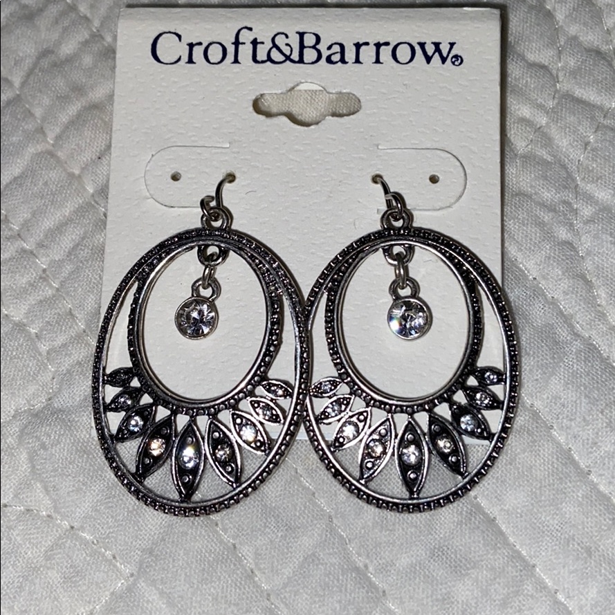 Silver Oval Dangly Earrings With Faux Diamonds